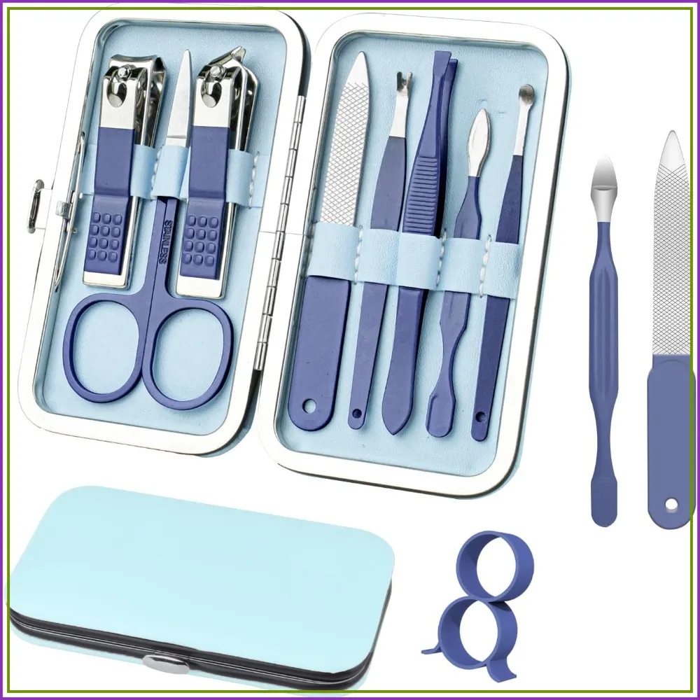 

8 in 1 Manicure Set, Professional Nail Clippers Kit with Leather Case, Travel Nail Care Tools for Men & Women (Blue)