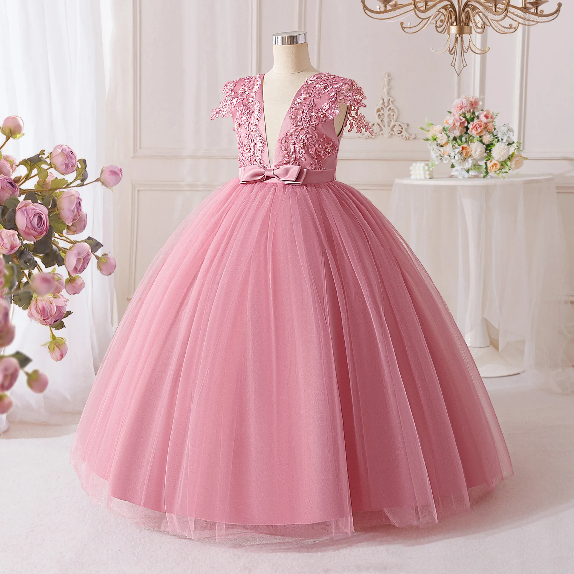 Girl Princess Dress Flower Embroidery Wedding Bridesmaid Gown Elegant Tulle Birthday Party Pageant Dresses Eid Festive Prom Gown