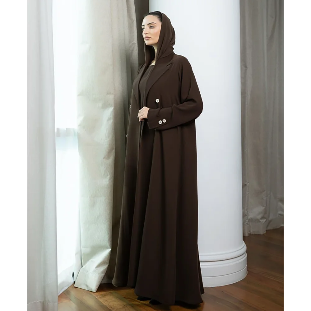 Loose Dark Brown Long Women Blazer One Piece Luxury High Quality Solid Color Double Breasted Female Coat فساتين إسلامية