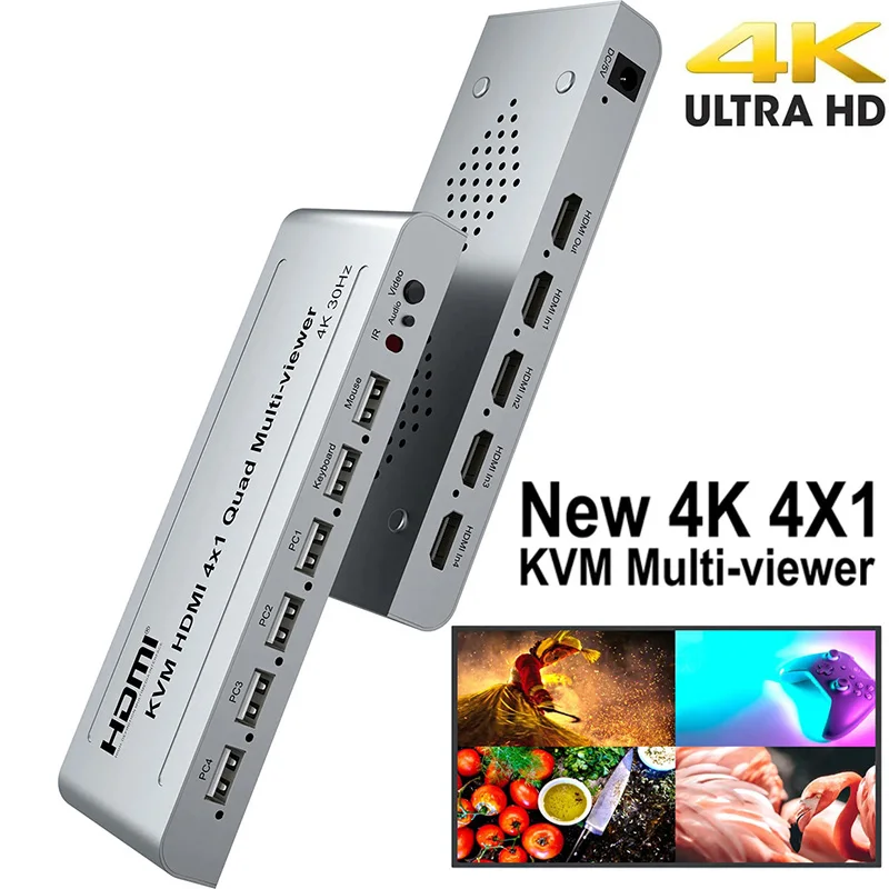 KVM HDMI 4X1 Quad Multi-Viewer-Switch 4-in-1-Out Videoprozessor Bildschirm-Multiviewer Nahtlos 1080P Unterstützt USB-Tastatur und -Maus