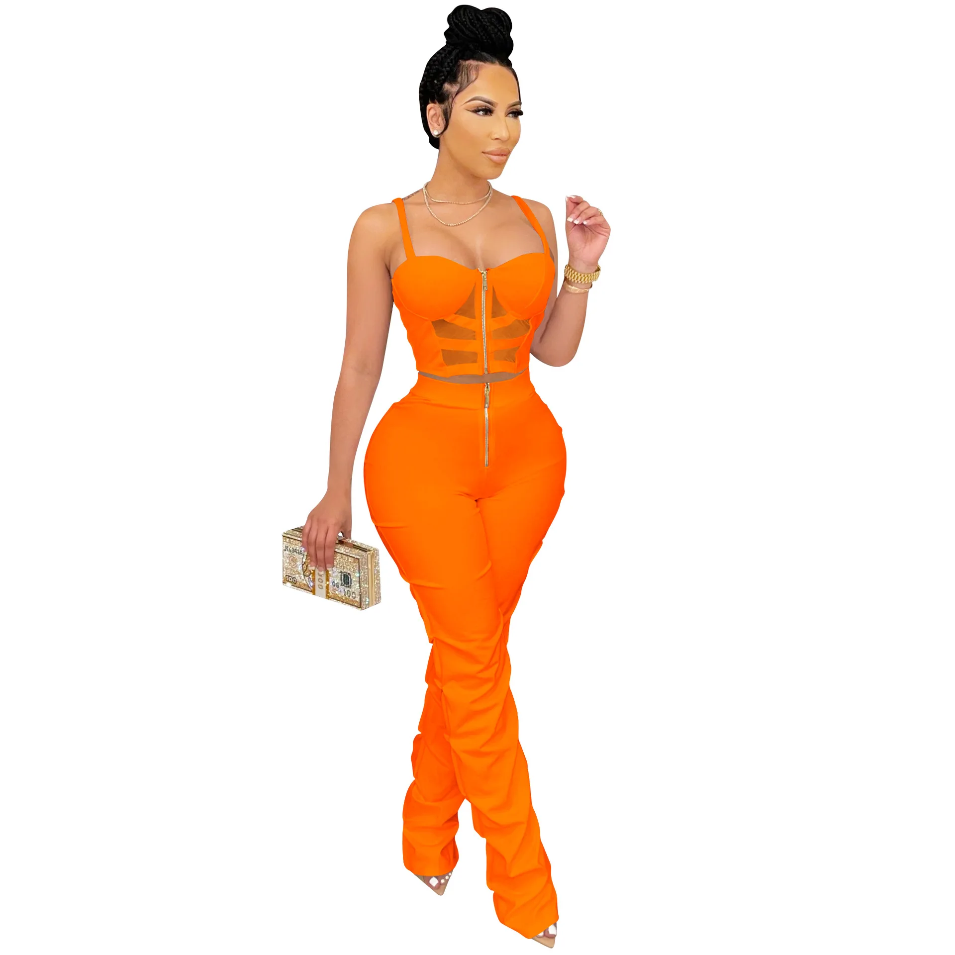 

Summer Sexy African Sleeveless Orange White Black Polyester Two Piece Top Long Pant Matching Sets African Clothes for Women