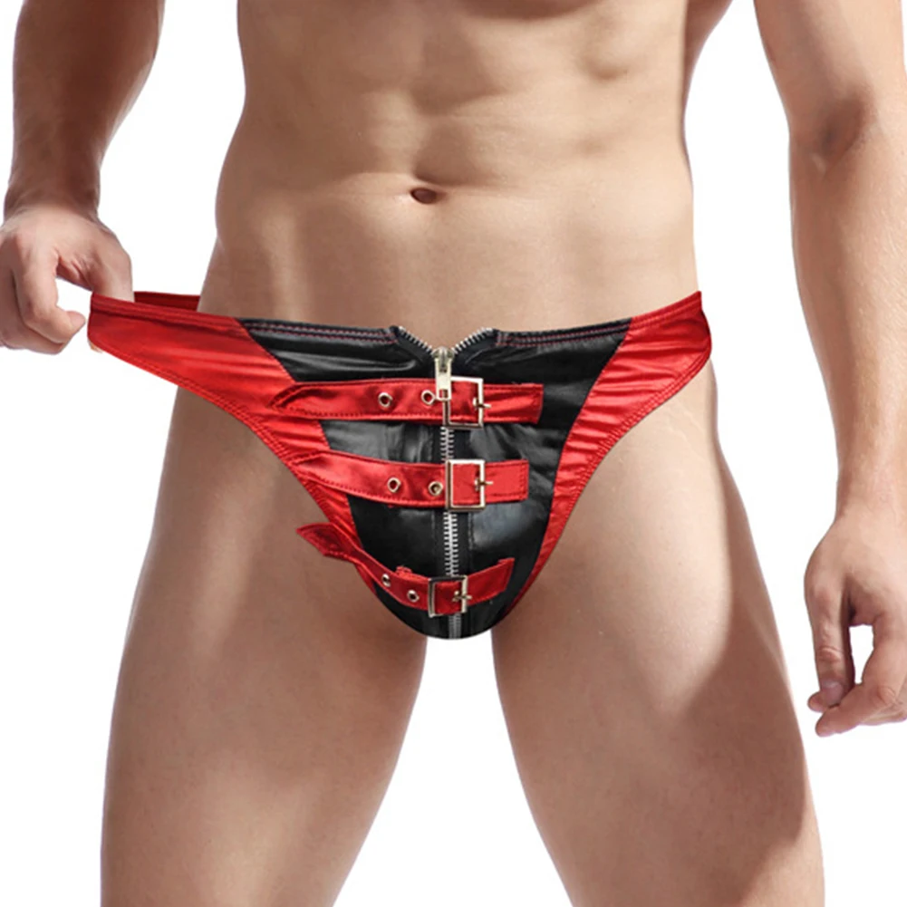 Suspensorio Sexy para hombre, lencería de cuero sintético, calzoncillos con bolsa, Tanga, tangas abiertas, ropa interior para hombre, Slip mejorar la espalda en T