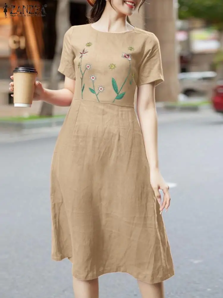 

ZANZEA Summer Short Sleeve A-line Vestidos Cinched Waist Elegant Vacation Floral Embroidery Midi Dress 2024 Women Casual Robes