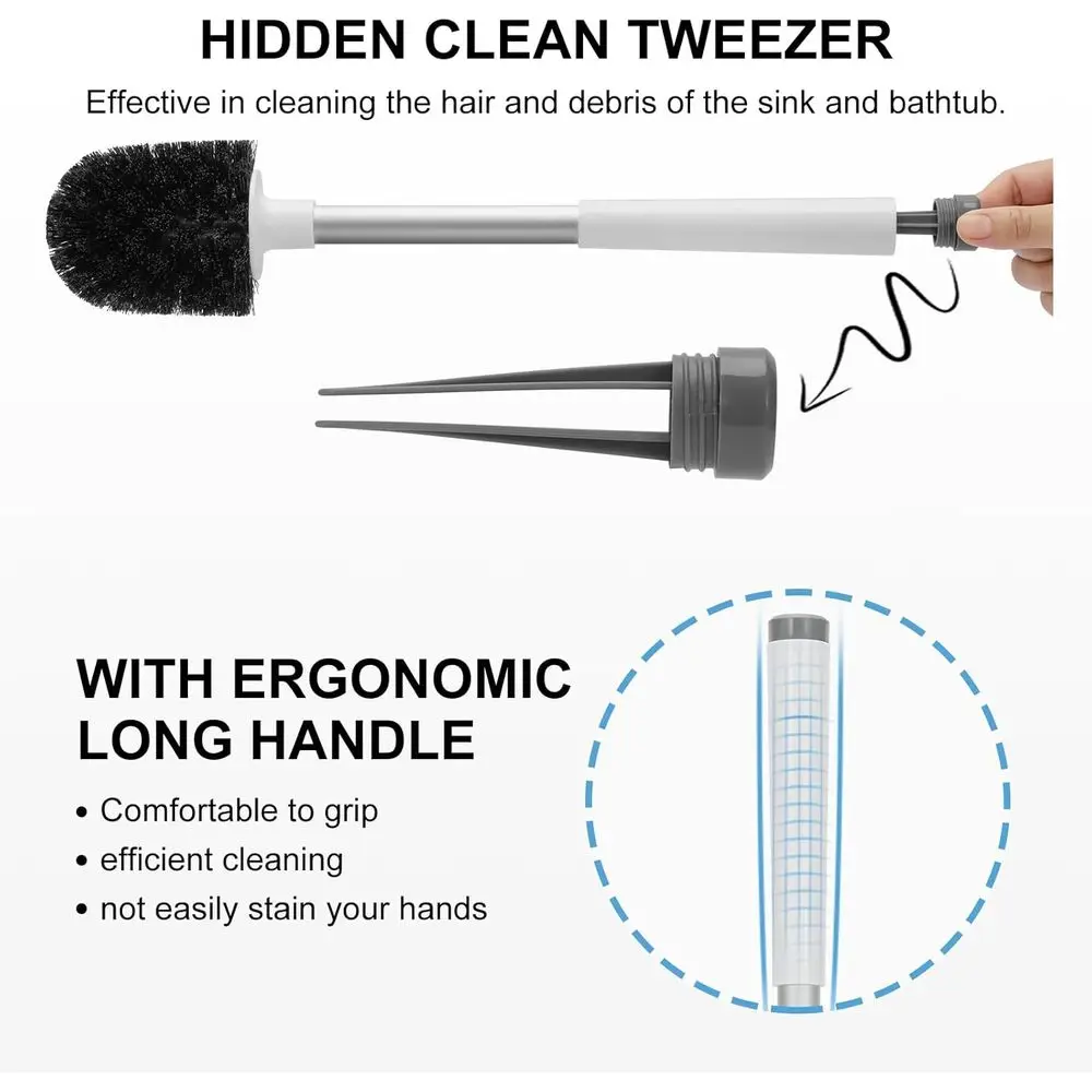 Closing Lid Toilet Bowl Brushes Holder and Extra Long Handle Ventilated Toilet Brush Set, Nylon Bristles, White & Grey view 3
