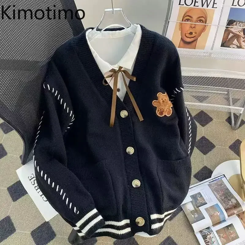 Kimotimo Preppy سترة سترة المرأة لطيف الدب الجاكار فضفاض محبوك معطف الخريف الشتاء الخامس الرقبة جيوب فضفاضة القمم لاعبا