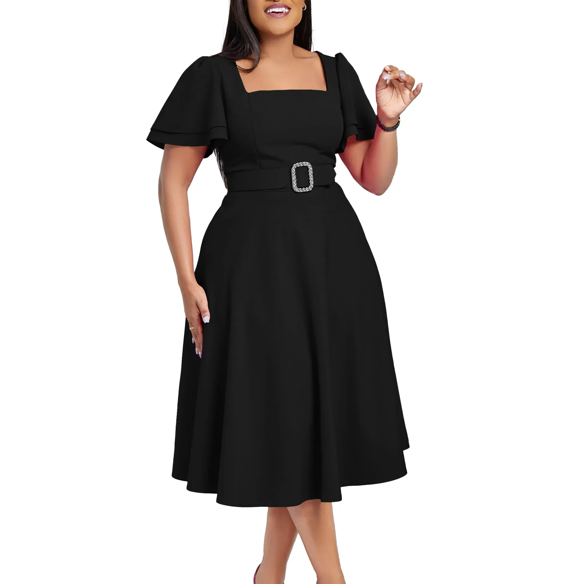 

Elegant Dresses for Women Square Neck Full Sleeve Belt Waisted A Line Ankle Length Luxury Female Birthday Party Dinner Dress Hot