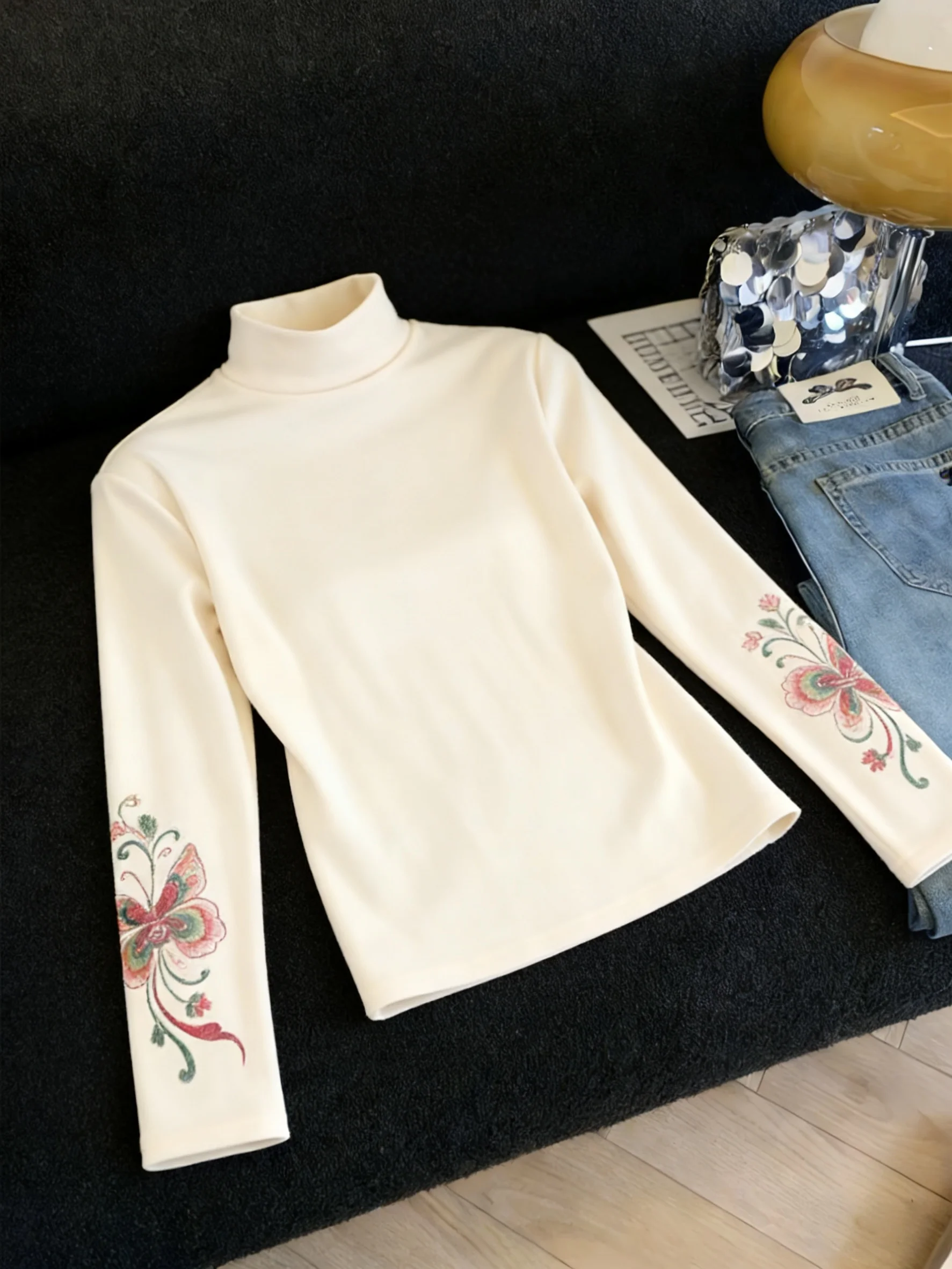 

Retro Chinese Sle Long Sve T-irt Women's Spring Autumn Casual Versatile Base Layer Top High Collar Printed Design