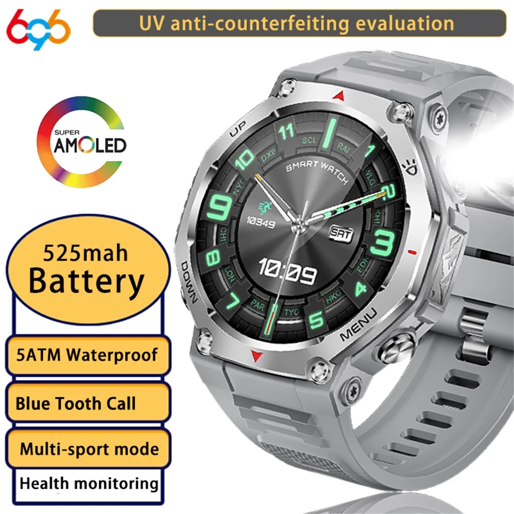 

УФ-свет светодиодный фонарик Спорт на открытом воздухе Фитнес Мужчины Женщины Смарт-часы AMOLED-экран 5ATM Водонепроницаемые умные часы с синим зубом и вызовом