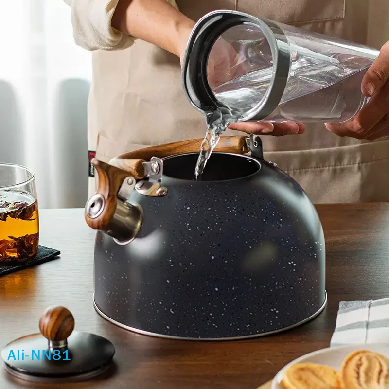 【N】Whistling Tea Kettle, Tea Pots for Stove Top, Food Grade Stainless Steel with Wood Pattern Folding Handle, Loud Whistle Kettl