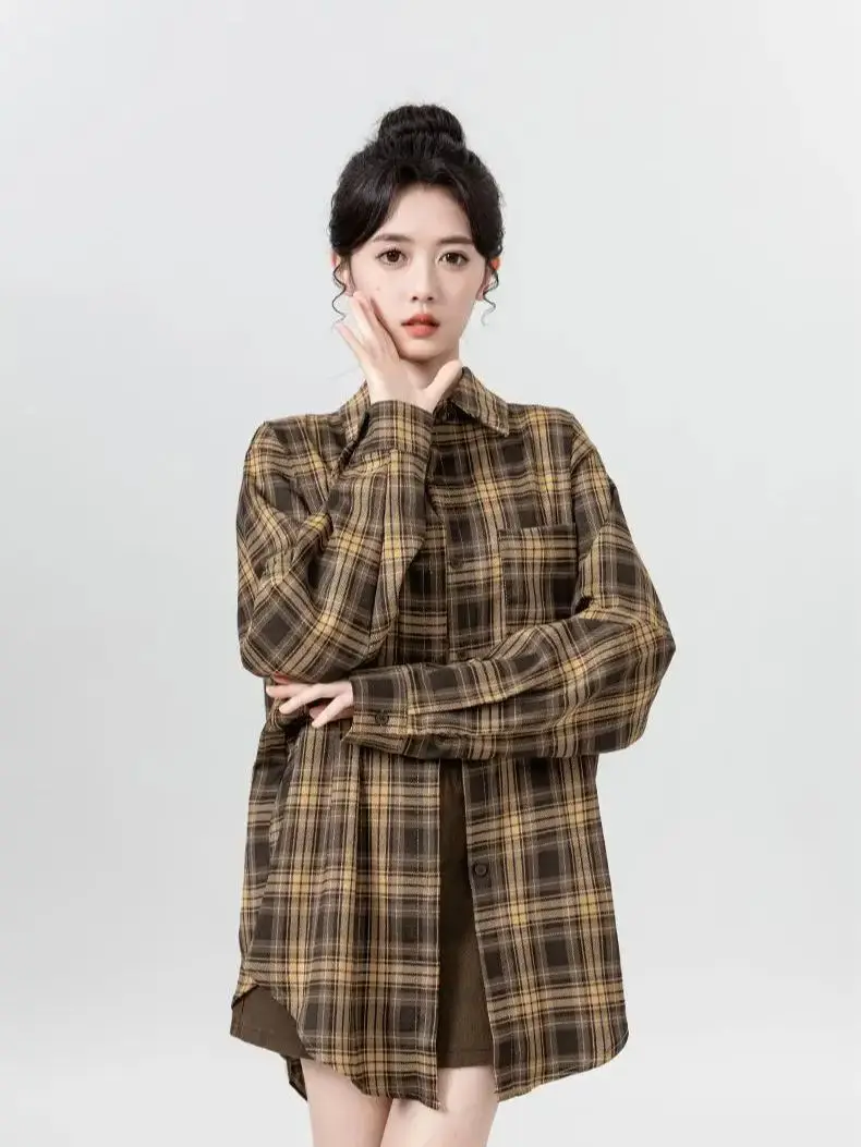 

American Retro Loose Plaid Shirt Women Clothes Long Sleeve Korean Fashion Spring Casual Shirts Streetwear Tops Blouse