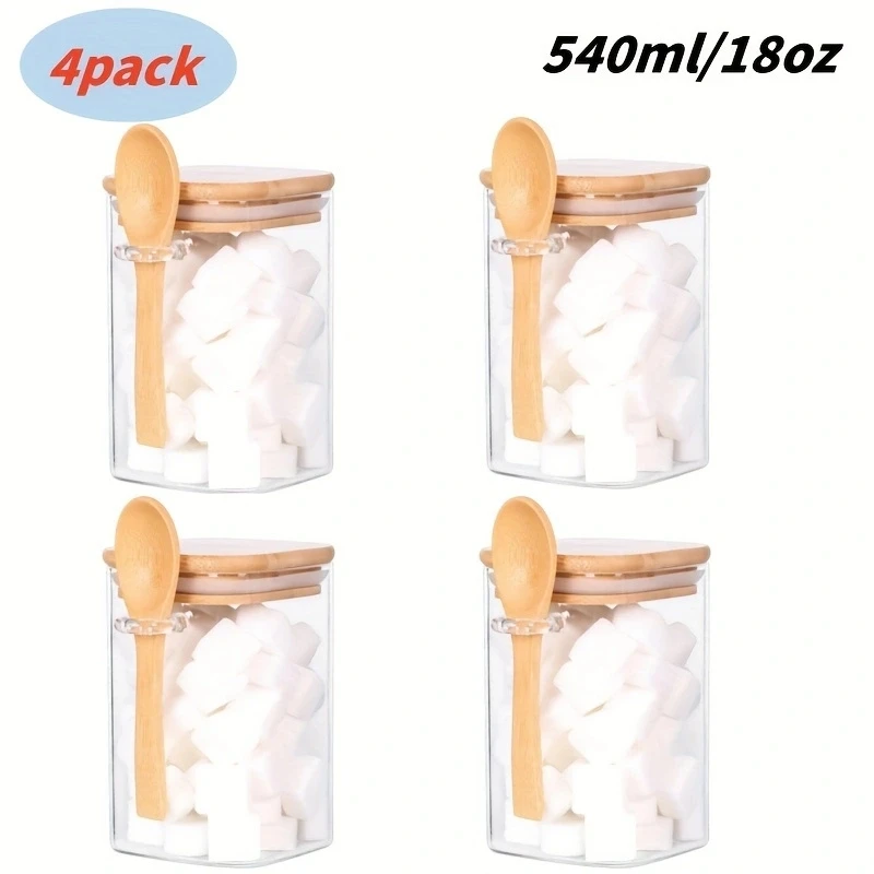 2/4Pcs 540ml Square Sealed Jars with Spoon Lids, Glass Canisters, High Borosilicate Glass Products, Transparent Glass Tea Jars with Bamboo Lids,