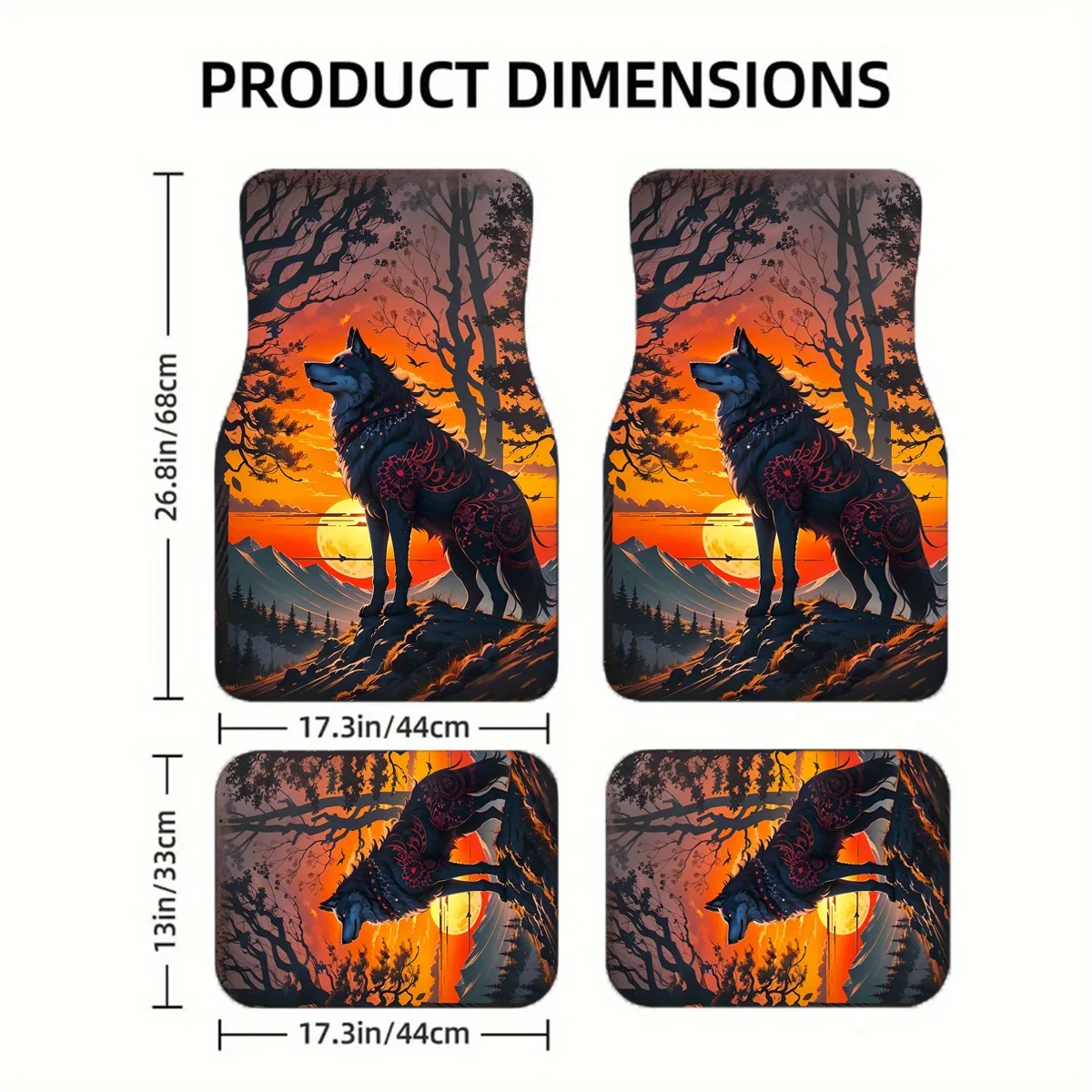 Majestic Wolf King Sunset Design - Premium Polyester Car Floor Mats (1pc/2pcs/4pcs Set), Fit For All Seasons, Durable & Comforta