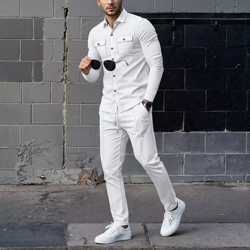 2026 Casual Work Tracksuit Men Waffle Fashion Two-piece Spring Autumn Cardigan Shirt Straight Baggy Pants Streetwear Suits Male view 5