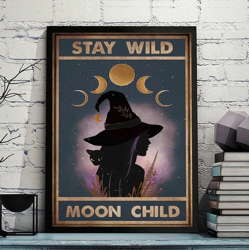 Modern Stay Wild Moon Witch And Black Cat Wall Art Print Canvas Painting Poster Picture For Living Room,Bedroom Home Decor