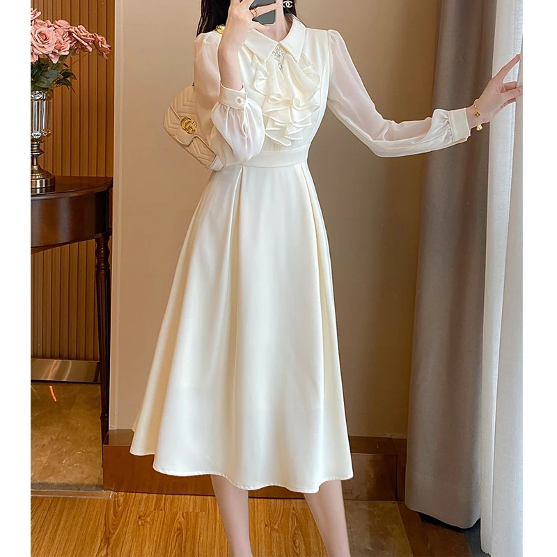 Vestido vintage de babados feminino, elegante vestido Midi, vestidos de festa, branco, cintura alta, fino, comutador, moda, outono, 2023