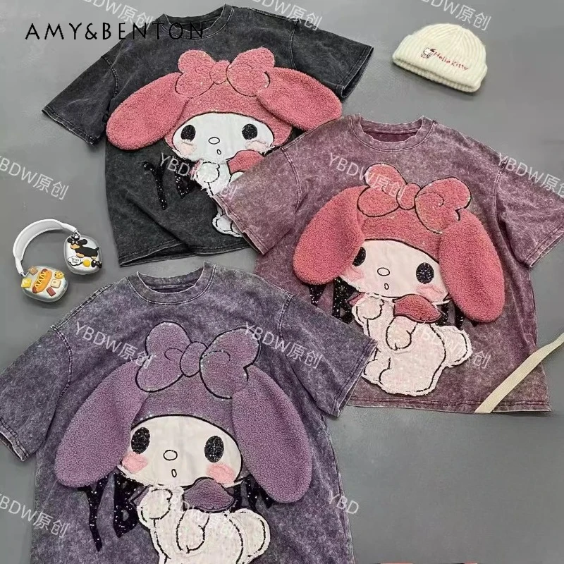 

2025 Autumn New Trendy Brand Embroidered Cartoon Kawaii Tshirts Fashion Loose Short Sleeved Pullover T-shirt For Women's Clothes
