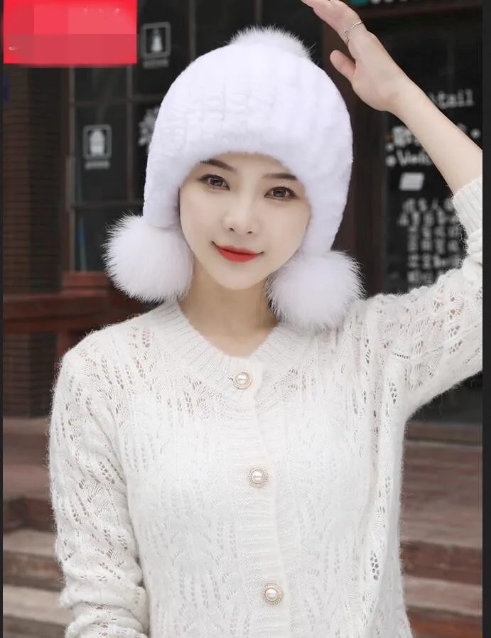 Winter Real Rex Rabbit Fur Hat With Earflap Warm Women Ladies Knitted Thick New Russian Cap