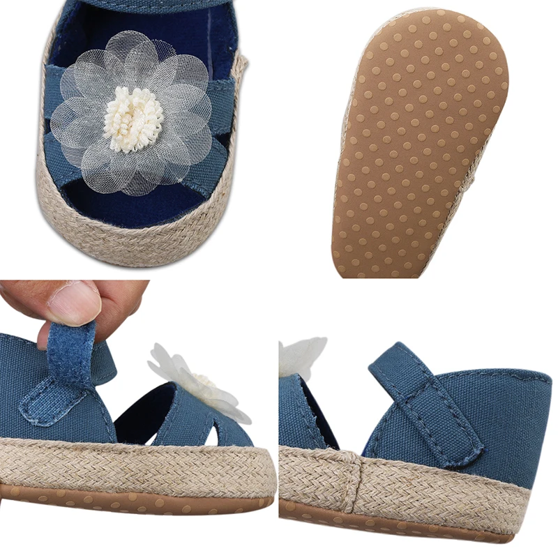 Sandálias de salto liso de meninas recém-nascidas, decoração floral fofa, sapatos macios casuais, criança primeiro caminhante, 4 cores, verão