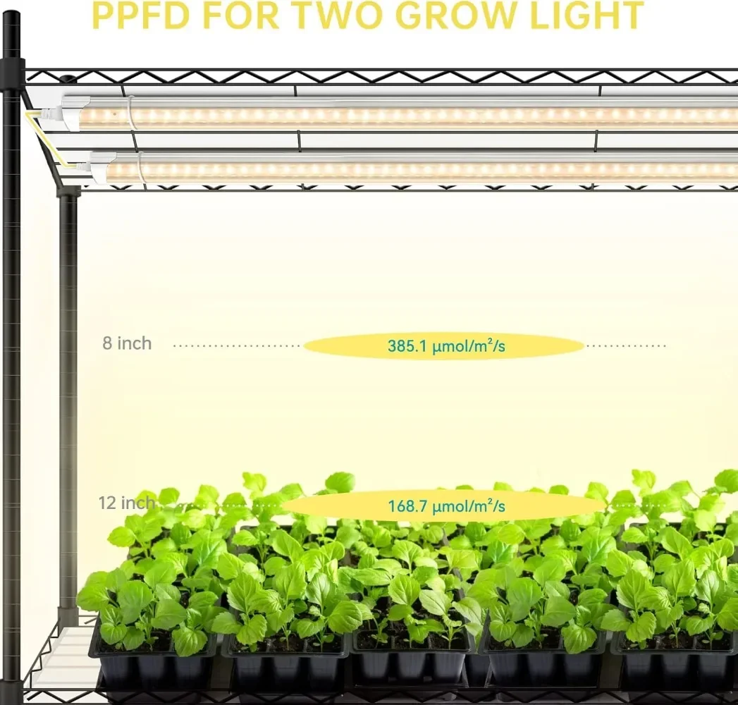 DIY Plant Shelf with Grow Lights,Adjustable Rack and Wheels,8-Pack Full Spectrum Grow Lights for Seed Starting