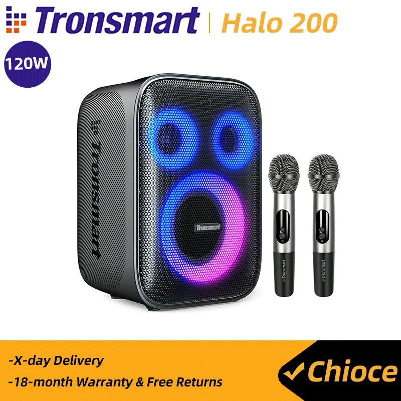 Tronsmart Halo 200 Speaker with 2 Microphones, 3 Way Sound System, Built-in/Wired Mic, Guitar Input, APP Control for Party