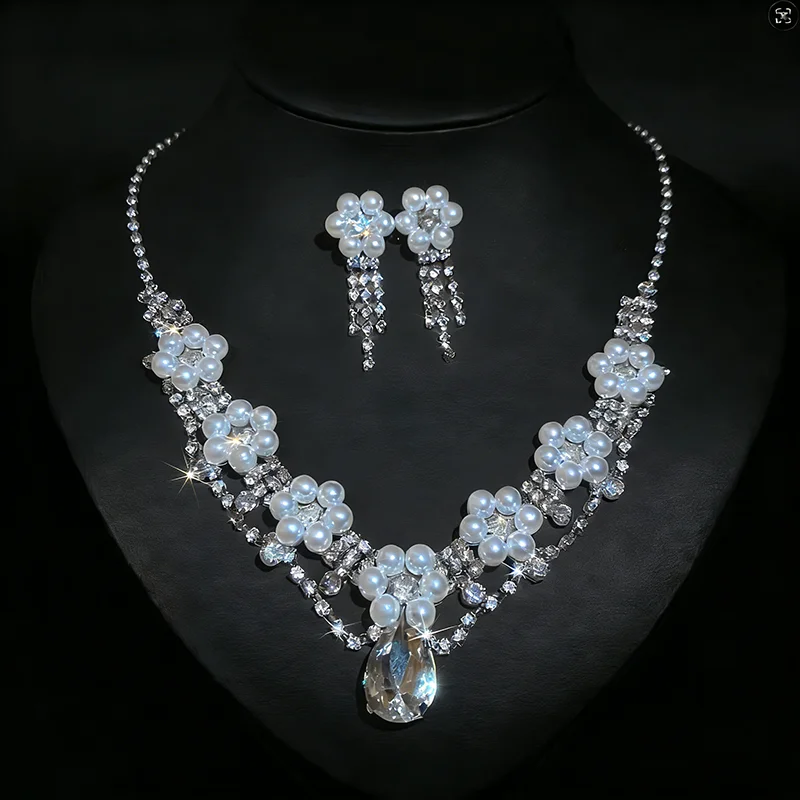 

Блестящие ювелирные наборы для невесты с искусственным жемчугом, роскошное колье и серьги-подвески для женщин, аксессуары для свадебной вечеринки B