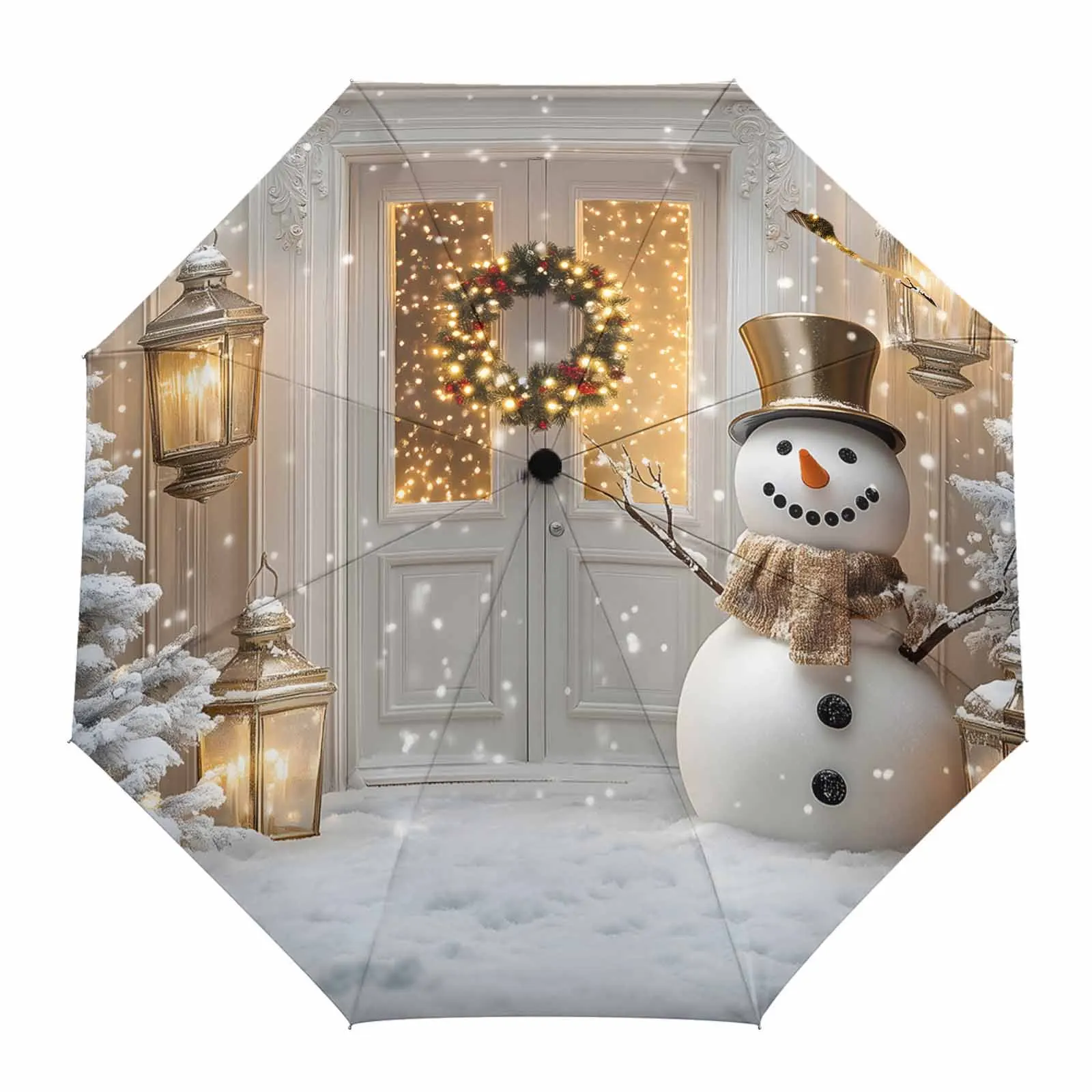 Winter Snowman Wreath Snow Flower Automatic Umbrella for Rain Foldable Parasol Umbrella Eight strand Outdoor Umbrellas