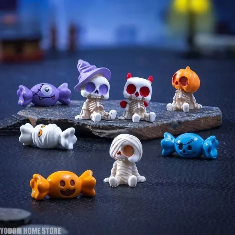 8 Stück Miniatur-Harzfiguren: Skelett, Kürbis, Teufels-Schädel, Halloween-Dekoration, Feengarten-Dekor, DIY-Zubehör-Set