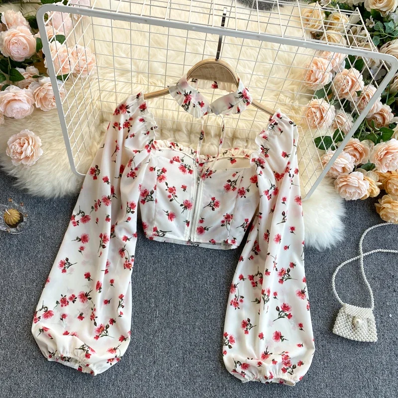 Sweet Women Pullover Shirt Thin Chiffon Off-Shoulder Long Puff Sleeve Short Crop Top Women Printed Chest Pad Bow Tie Slim Blouse