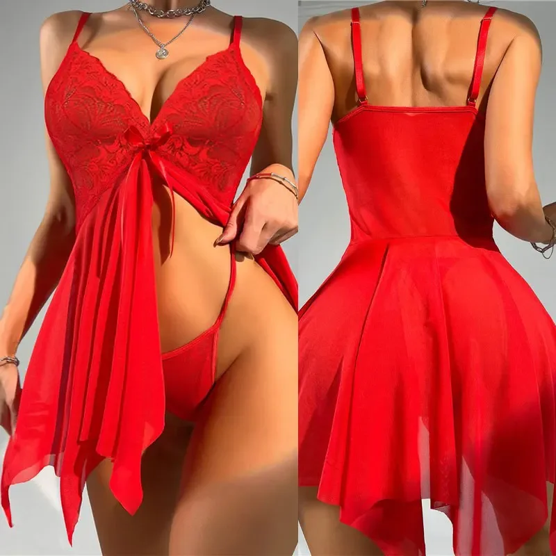 

Short Style Red Sleeveless Summer Nightgowns Women's Nightshirt Sling Sexy Sleepwear Hot Mesh G-string Adult Pajamas Transparent