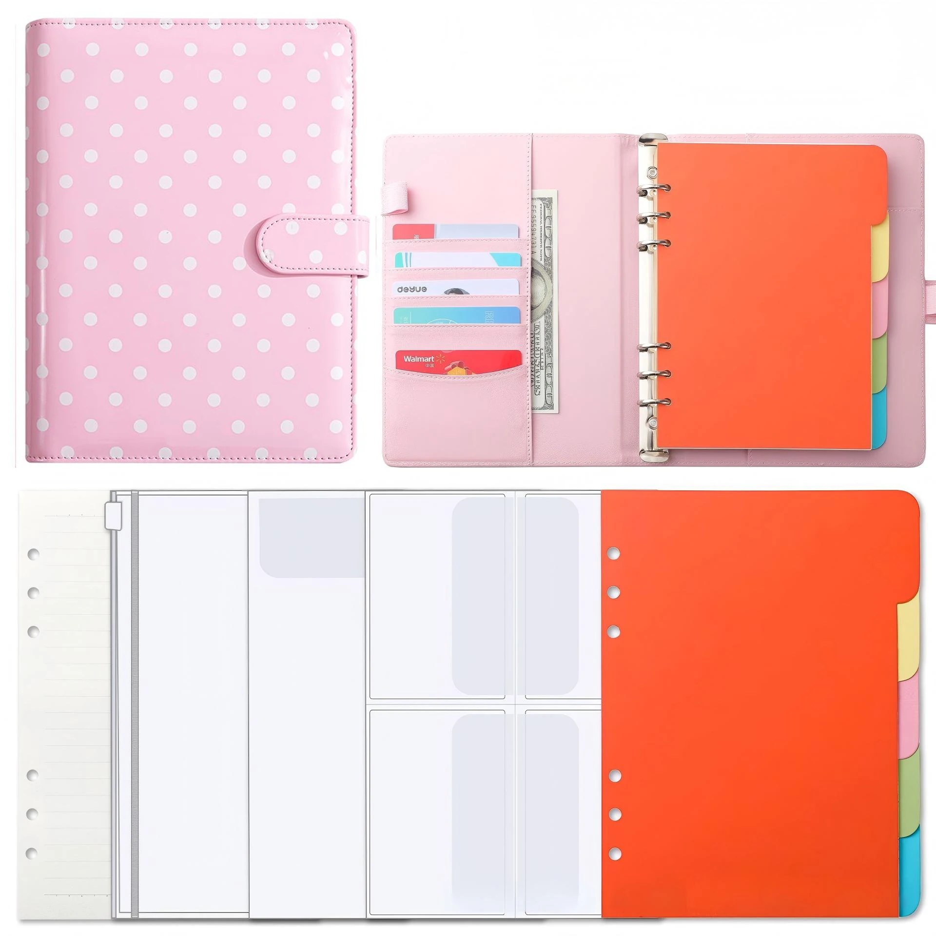 

A5 Binder Refillable Planner Notebook 6 Ring PU Leather Binder Journal with 3 styles Pockets, 5 Dividers, 80 Refill Papers