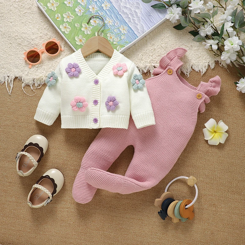 Newborn Baby Clothes Set Knit Toddler Kid Cardigan Jumpsuit Cute 3D Flower Infant Girl Sweater Long Sleeve Romper Fashion Ruffle