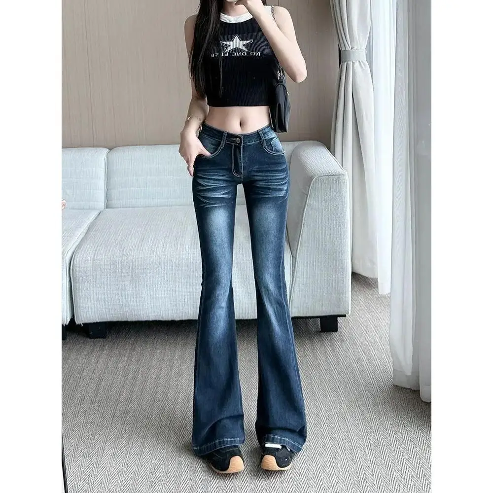 

American Retro Low Waist Bell Bottom Denim Jeans Women's Slim Fit Elastic Casual Pure Color Spring 2025 New Style Fashionable