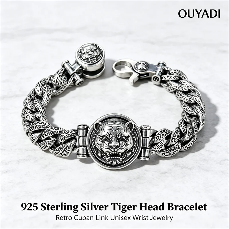 OUYADI Men Women Domineering Tiger Head Silver Bracelet S925 Sterling Silver Cuban Chain Retro Vintage Couple Wrist Jewelry