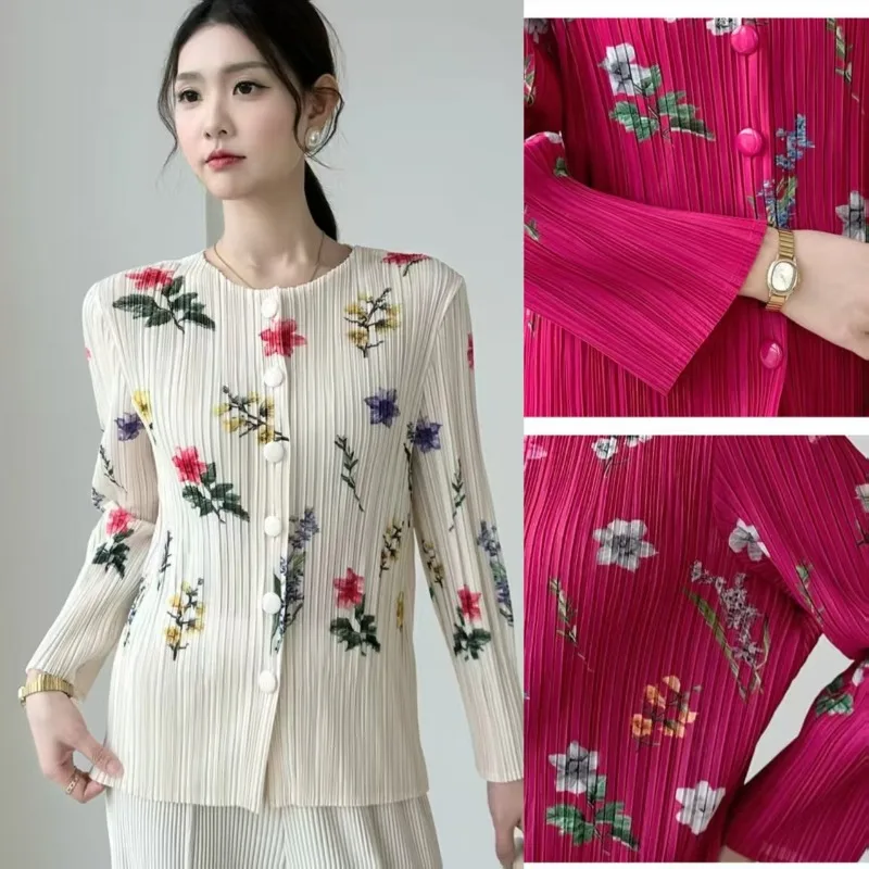 

Плиссированная рубашка Miyake, тонкий нишевый дизайн, текстурированные топы с принтом, осень 2023, новая однобортная рубашка с круглым вырезом, свободные размеры больших размеров