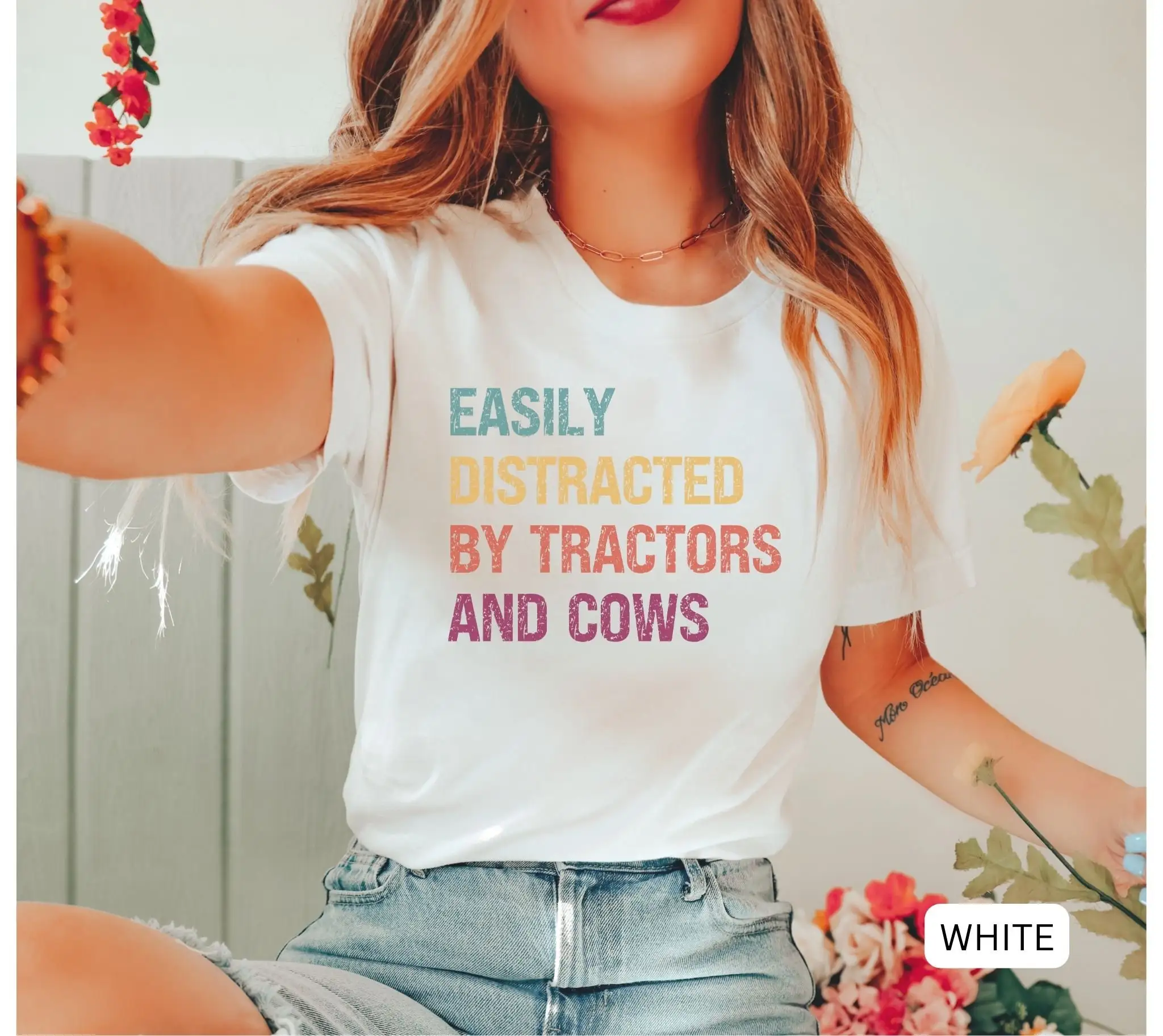 Funny Cow T Shirt Easily Distracted By Tractors Cows Farm Girl Tractor Lover Love