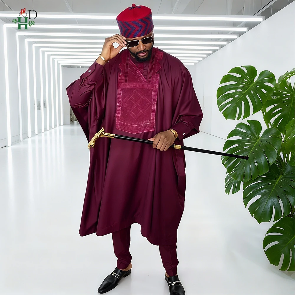 

New African Men's Traditional 3PCS Outfit Thobe Set Burgundy Agbada Embroidered Robe Plus Size For Weddings Festivals Ceremonies