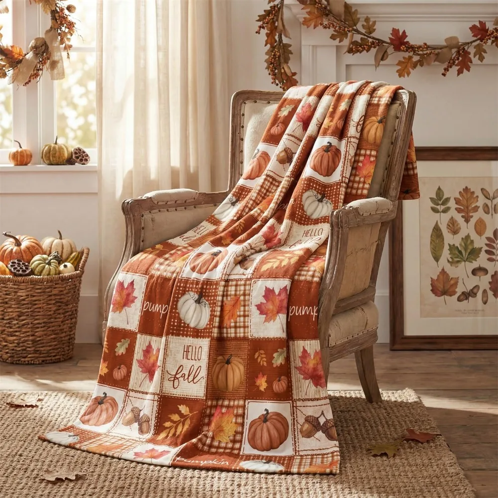 1pc, Autumn Flannel Blanket, Thanksgiving Orange-Brown Plaid Pumpkin Leaf Pattern, Single-Sided Printing, Soft Plush Comfortable