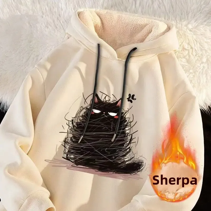 سترة بقلنسوة مخملية من لامب كاجوال فضفاضة مناسبة للجنسين للخريف والشتاء ملابس رياضية مريحة من مادة ناعمة ملابس الشارع #5