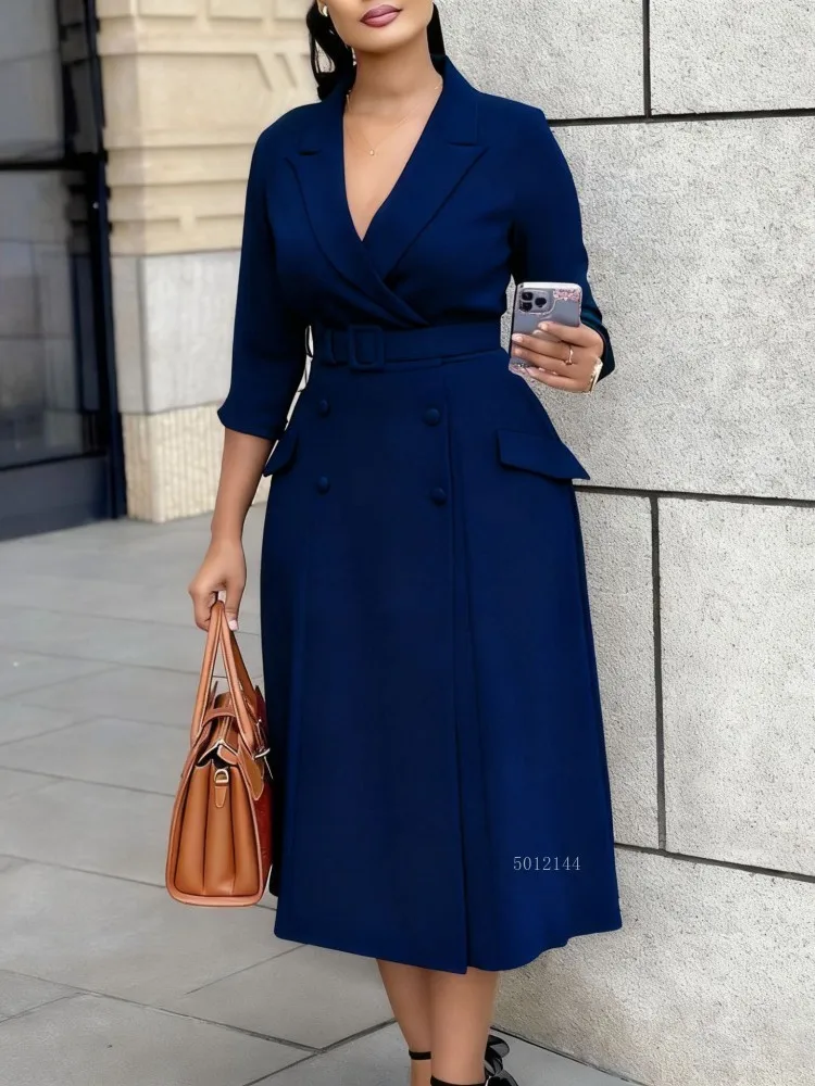 

African Dresses for Women Autumn Elegant African 3/4 Sleeve Polyester Party Wedding V-neck Midi Dress Fashion African Clothing