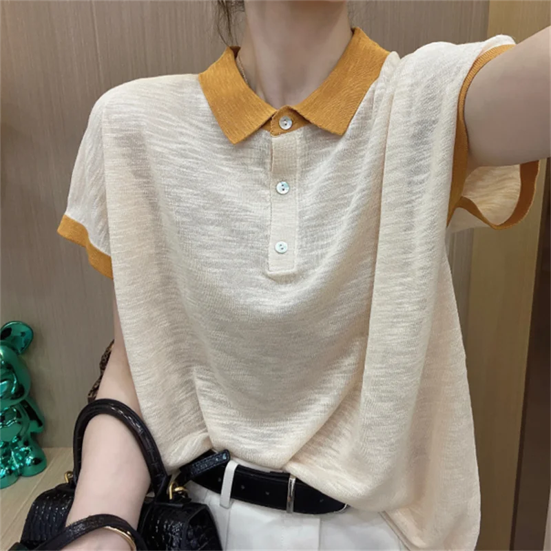 

Summer Short Sleeve Women Design Hit Color Polo T Shirts Fashion Harajuku Oversized 2xl Preppy Style Ice Silk Clothes Loose Tops