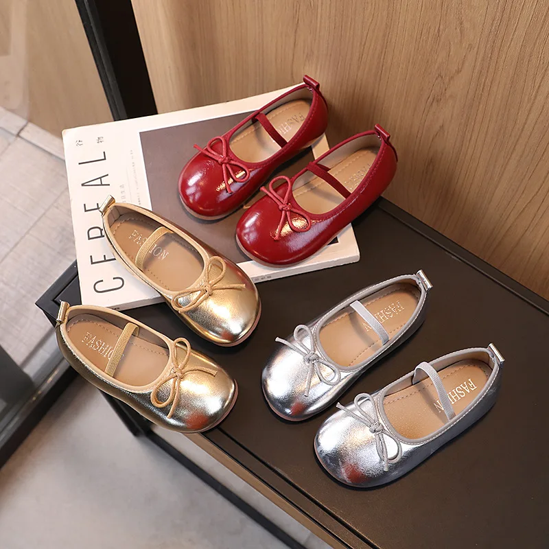 

Girl's Flat Shoes Gold Silve Red Bowknot Leather Shoes Kids Soft bottom Princess Single Shoes for Children Toddler shoes 2-11T