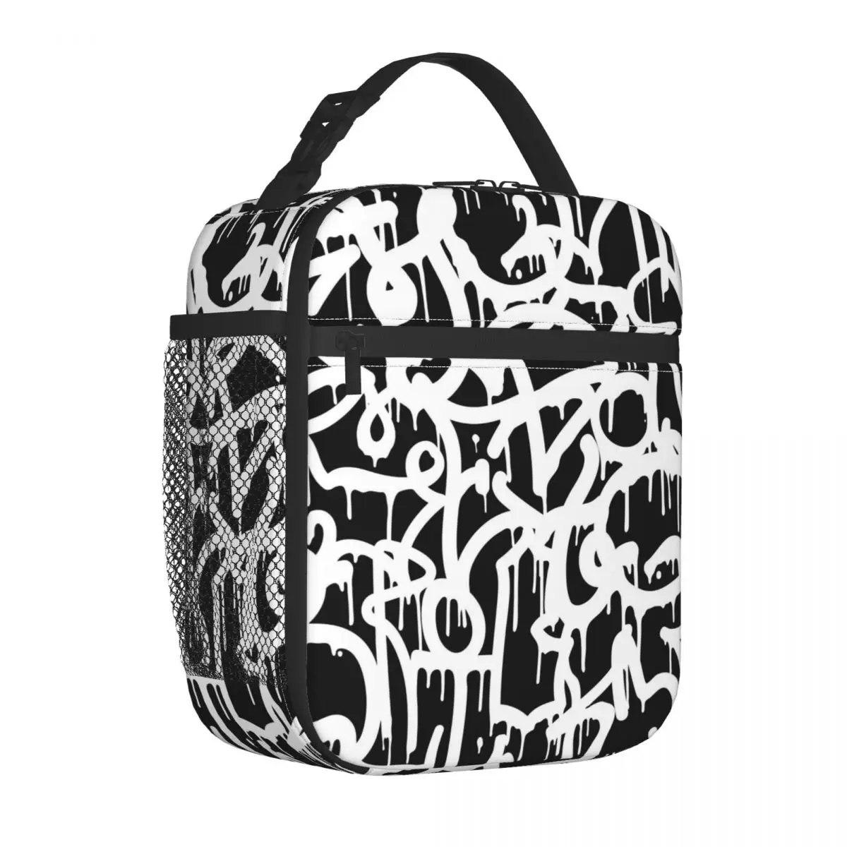 

Lunch Bag Black And White Graffiti Convenient Lunch Box Women Abstract Art Office Cooler Bag Funny Oxford Thermal Tote Handbags