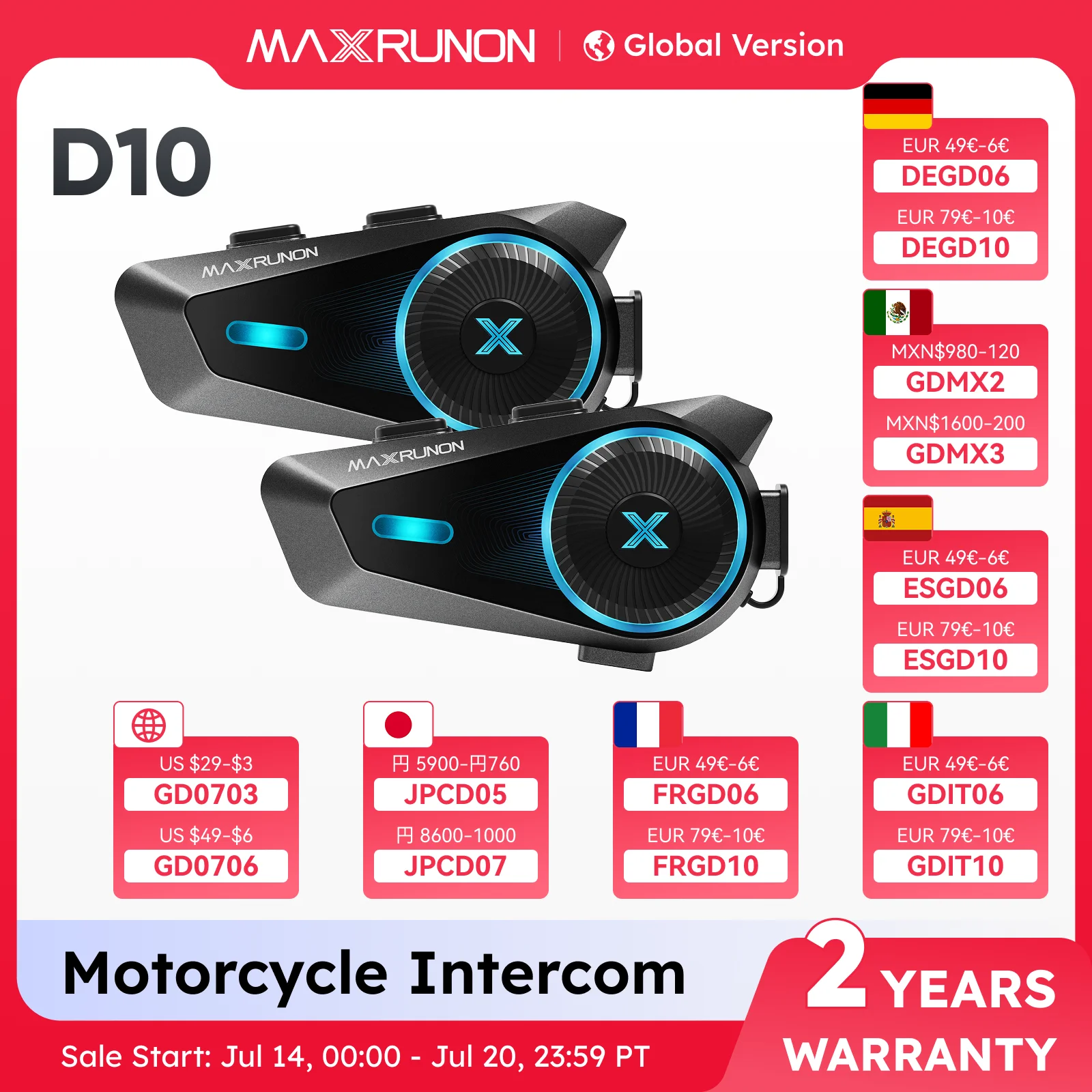 

MAXRUNON D10 Motorcycle Bluetooth Intercom Helmet Headset 4 Riders Moto Group Interphone App AI Voice Control ENC IPX7 FM BT5.4