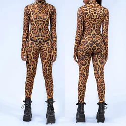 Tuta cosplay da donna sexy con stampa pelle di leopardo 3D Tuta da rave per feste di Halloween punk Zentai