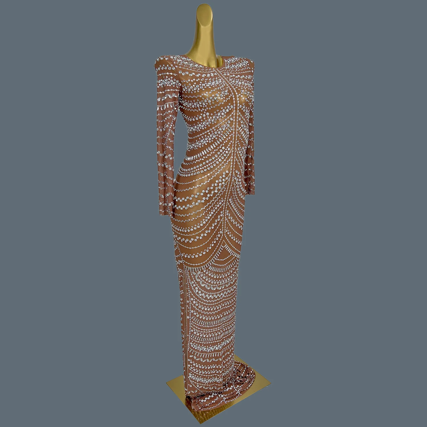 キラキララインストーンブラウンシアーメッシュロングドレスフェスティバル祝う長袖イブニングドレスセクシーな女性クラブパーティー衣装華宝