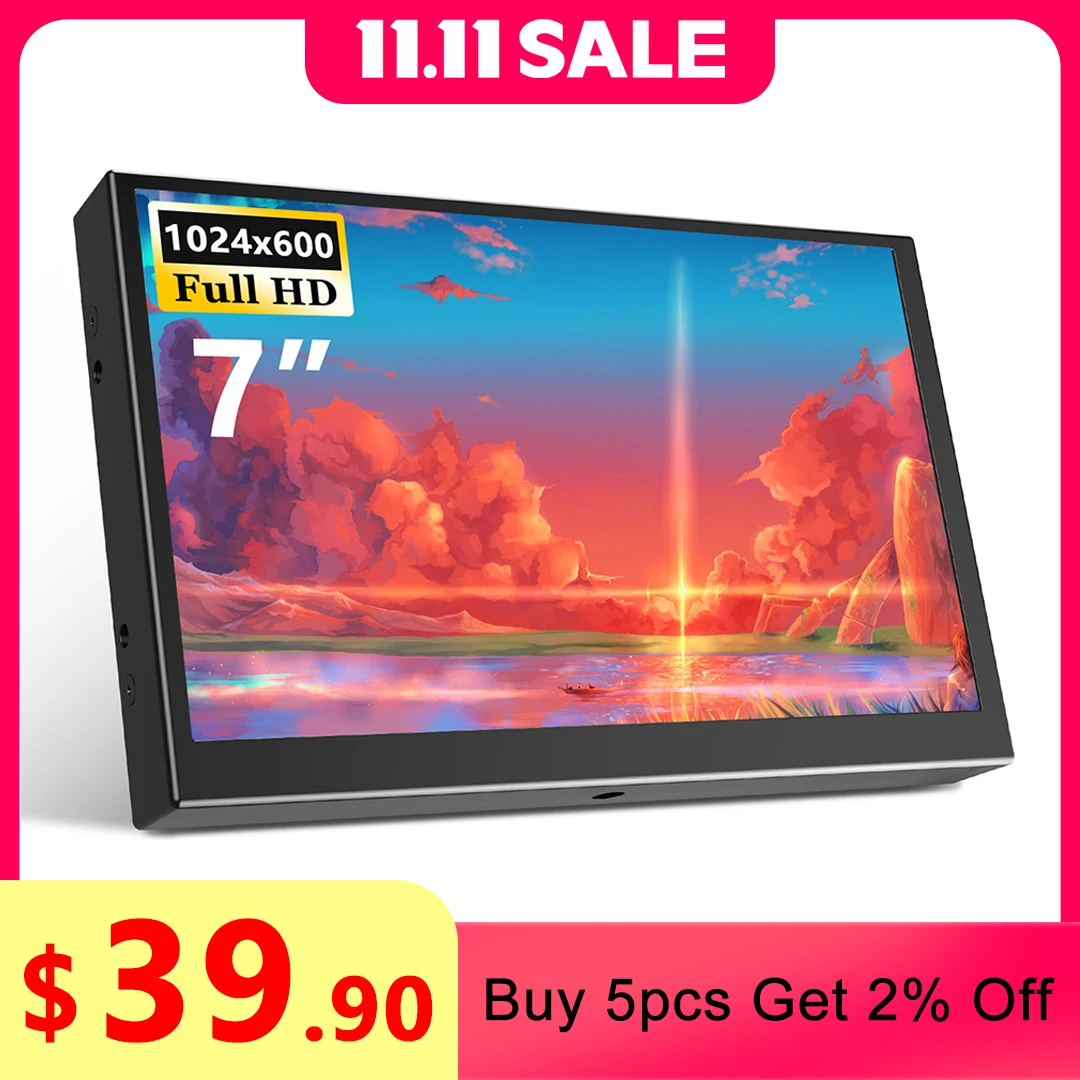 

Miktver S701H Мини 7-дюймовый промышленный экран HD 1024x600 HDMI-монитор TFT-панель Металлический корпус с входом VGA AV 5 В/2 А USB-питание