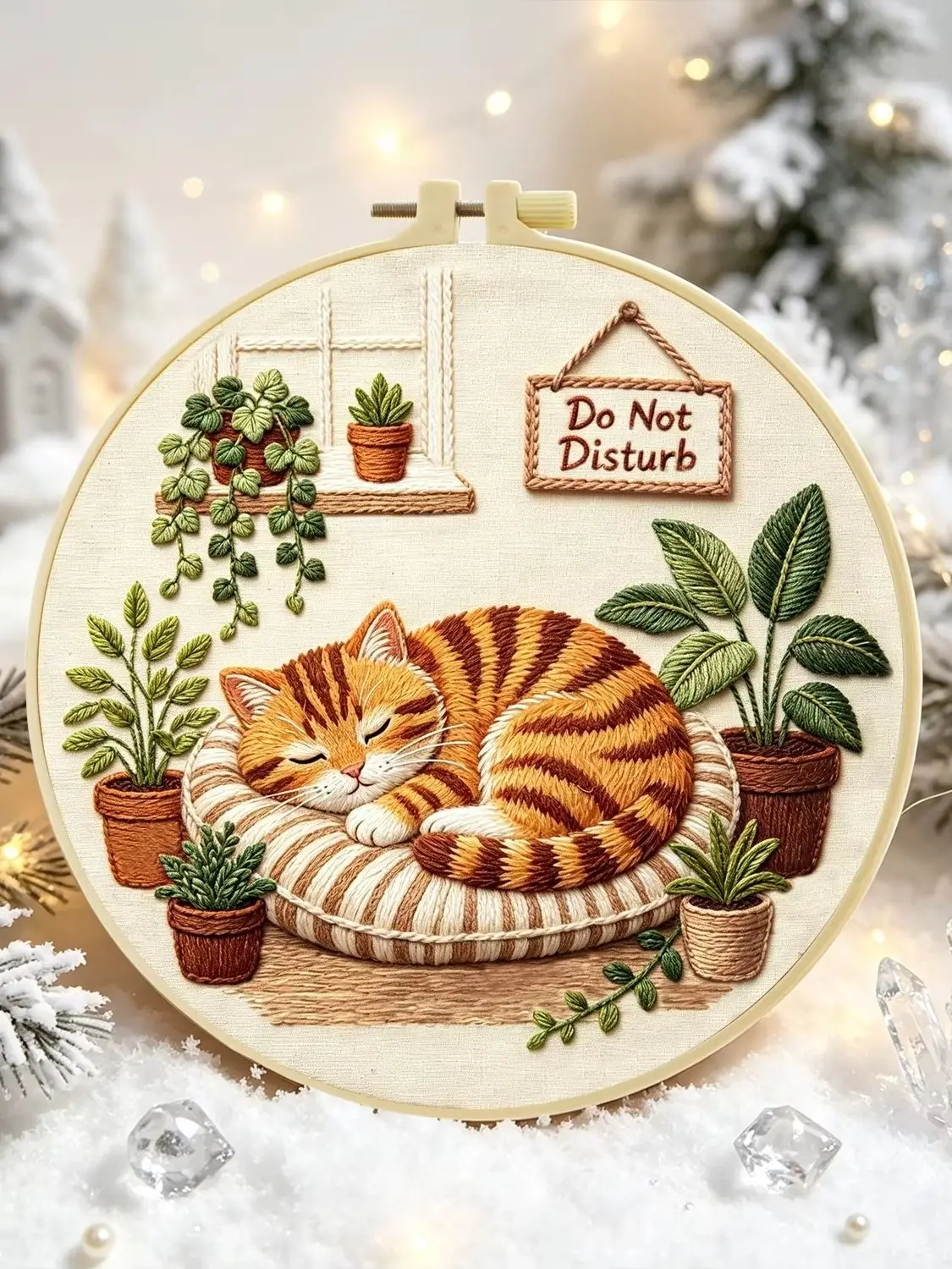 1 Set Schlafende Katze Pflanzen DIY Stickerei-Set für Anfänger, Stickerei-Starter-Kit, Kreuzstich-Kunstgeschenk, Handarbeits-Bastelset – Detail 1