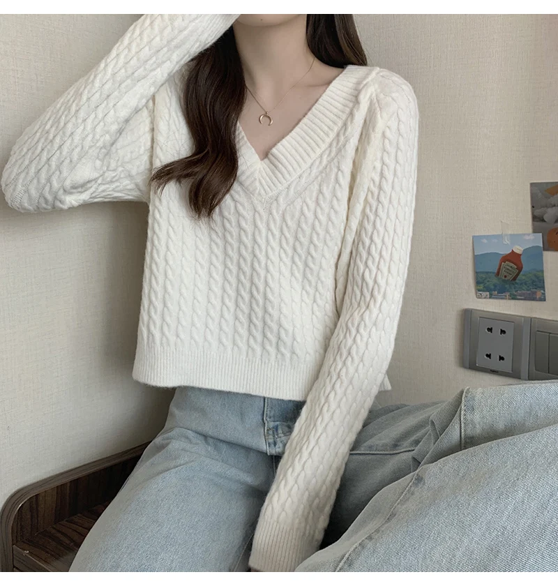 

2022 New Fashion Spring Autumn Loose Lazy Wind V-Neck Pullovers Twist Sweaters Women's Clothing Knitwear Girls Tops jp251