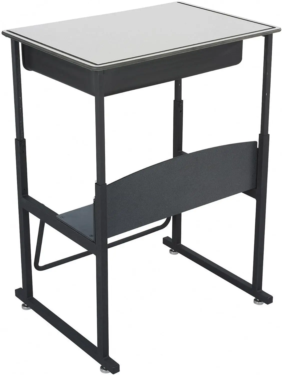 Adjustable-Height Desk Premium Desktop, Book Box, Swinging Footrest Bar, 28