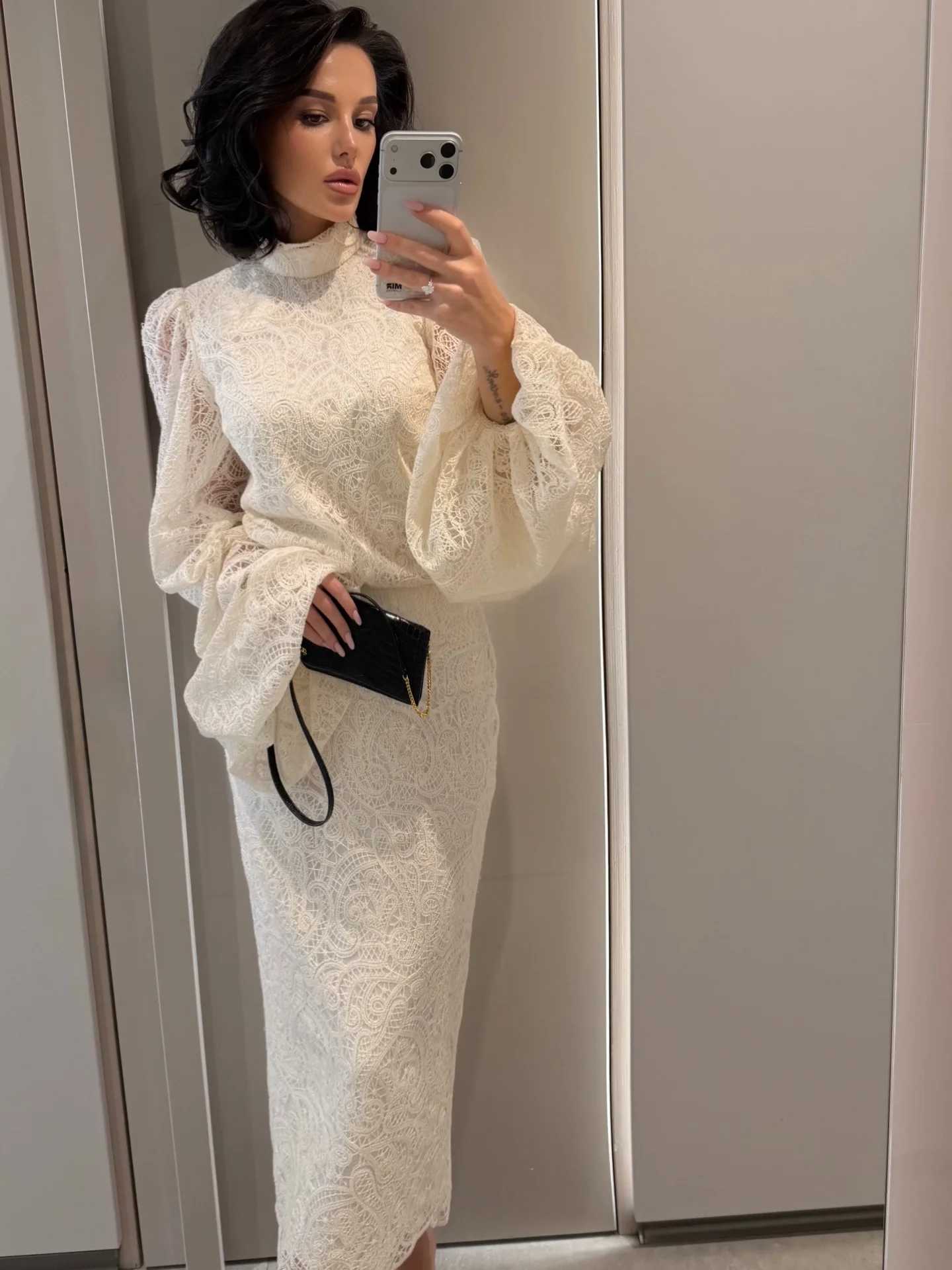 Women's Lace Embroidery Set High Waist Midi Skirt + Stand Collar Lantern Sleeve Top Fashion Suit